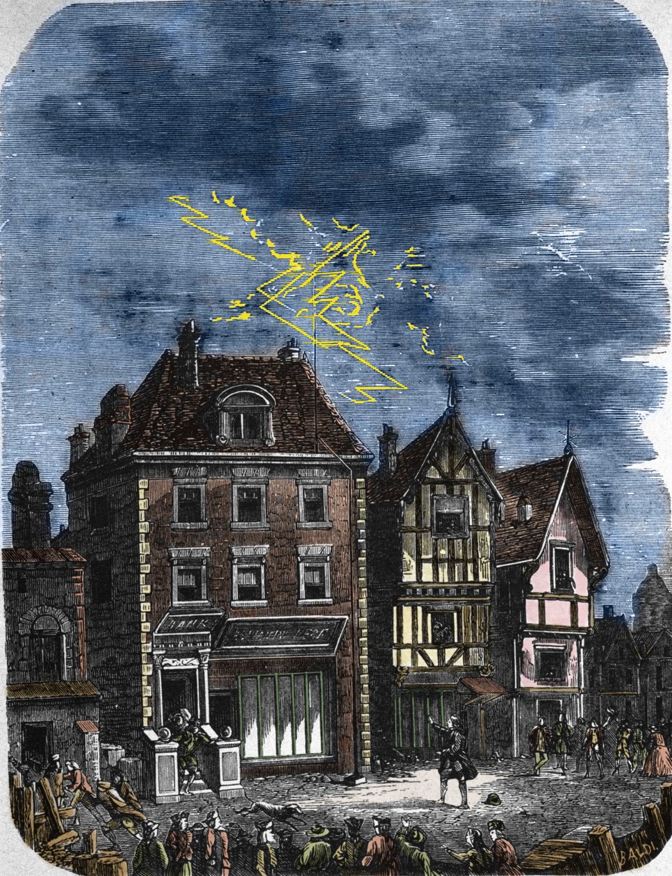 Den første lynafleder etableret af Benjamin Franklin (1706-1790) på et hus i Philadelphia (USA). 1760. af Unknown artist