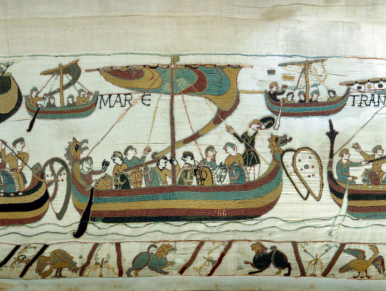 Vilhelm I Erobrerens (1027-1087) flåde krydser kanalen mod England. Bayeux gobelin eller broderi af dronning Mathilde af Unknown artist