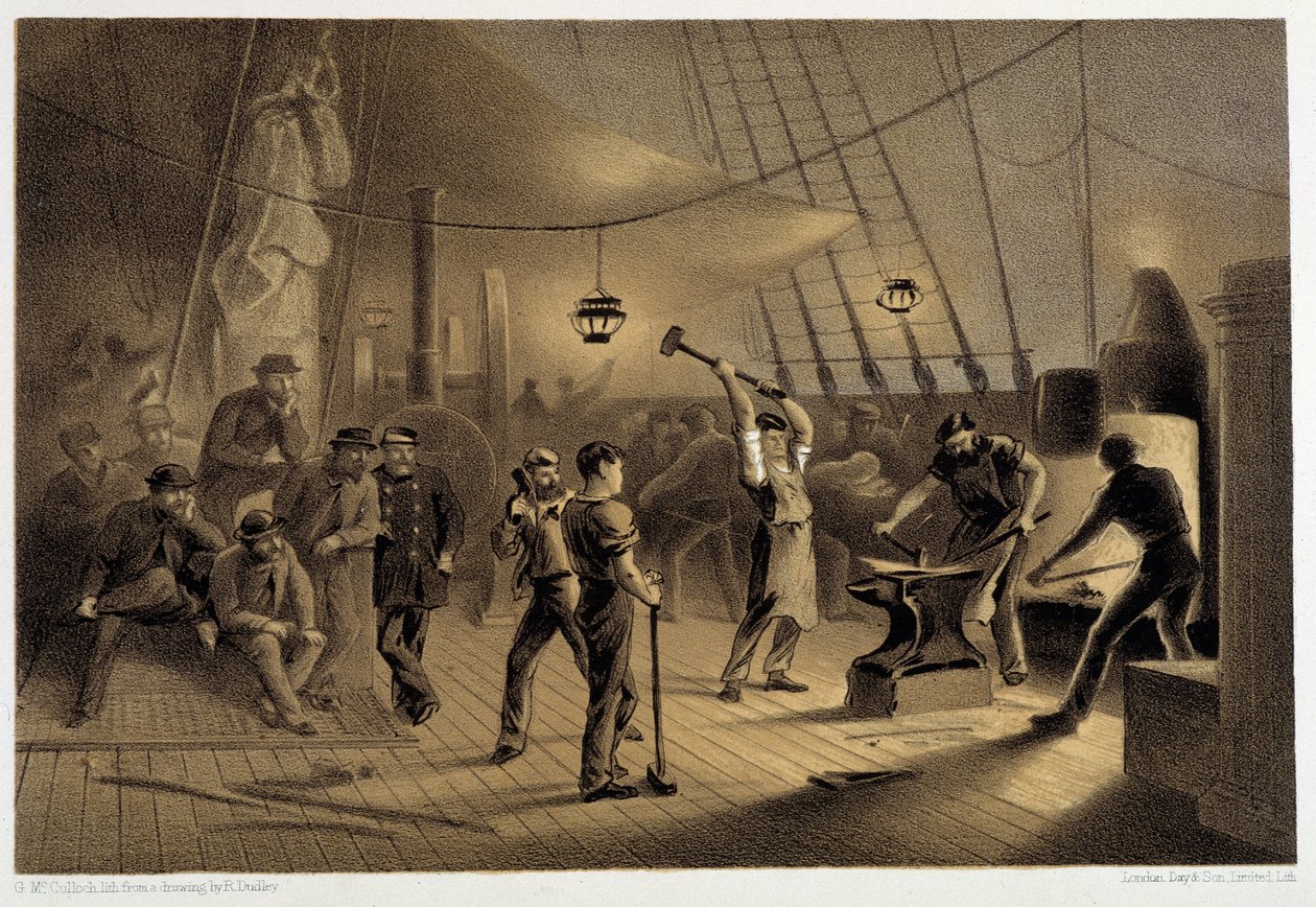 Smedjen på dækket. Nat den 9. august forberedelse af ifon-belægningen til kapstan - i "The Atlantic telegraph" af W. H. Russel, ca. 1860 af Unknown artist
