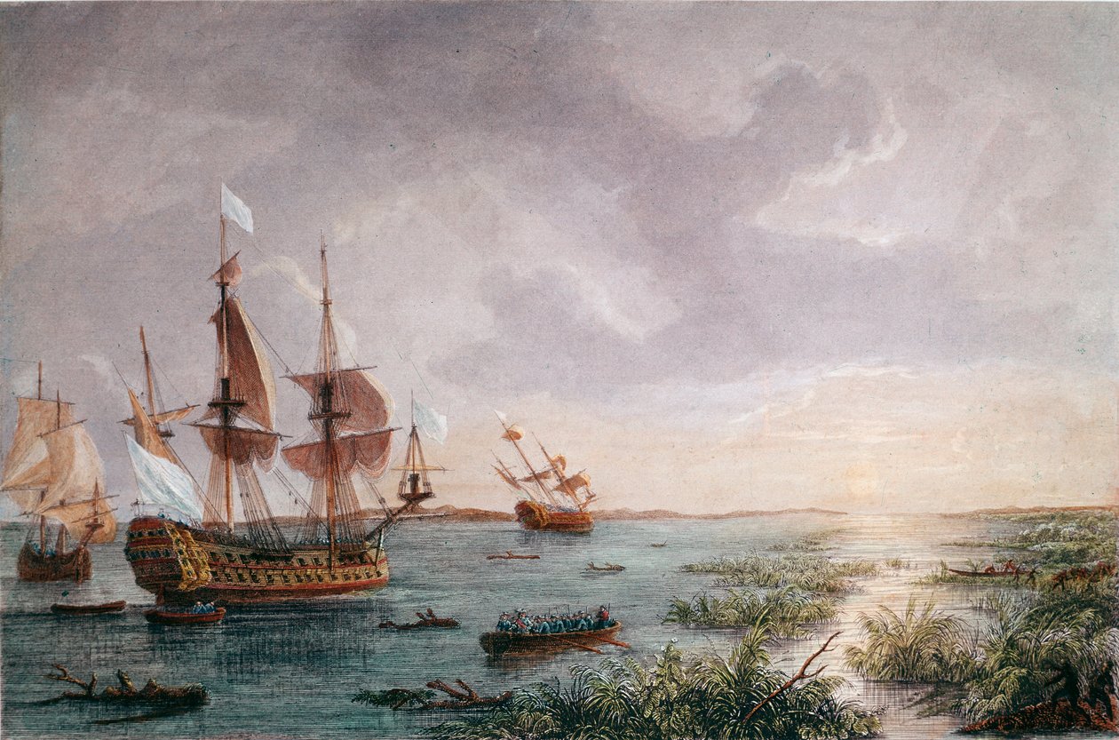 Den franske opdagelsesrejsende Rene Robert Cavelier, Sieur de LaSalle opdager Louisiana, i 1684 (gravering af Unknown artist