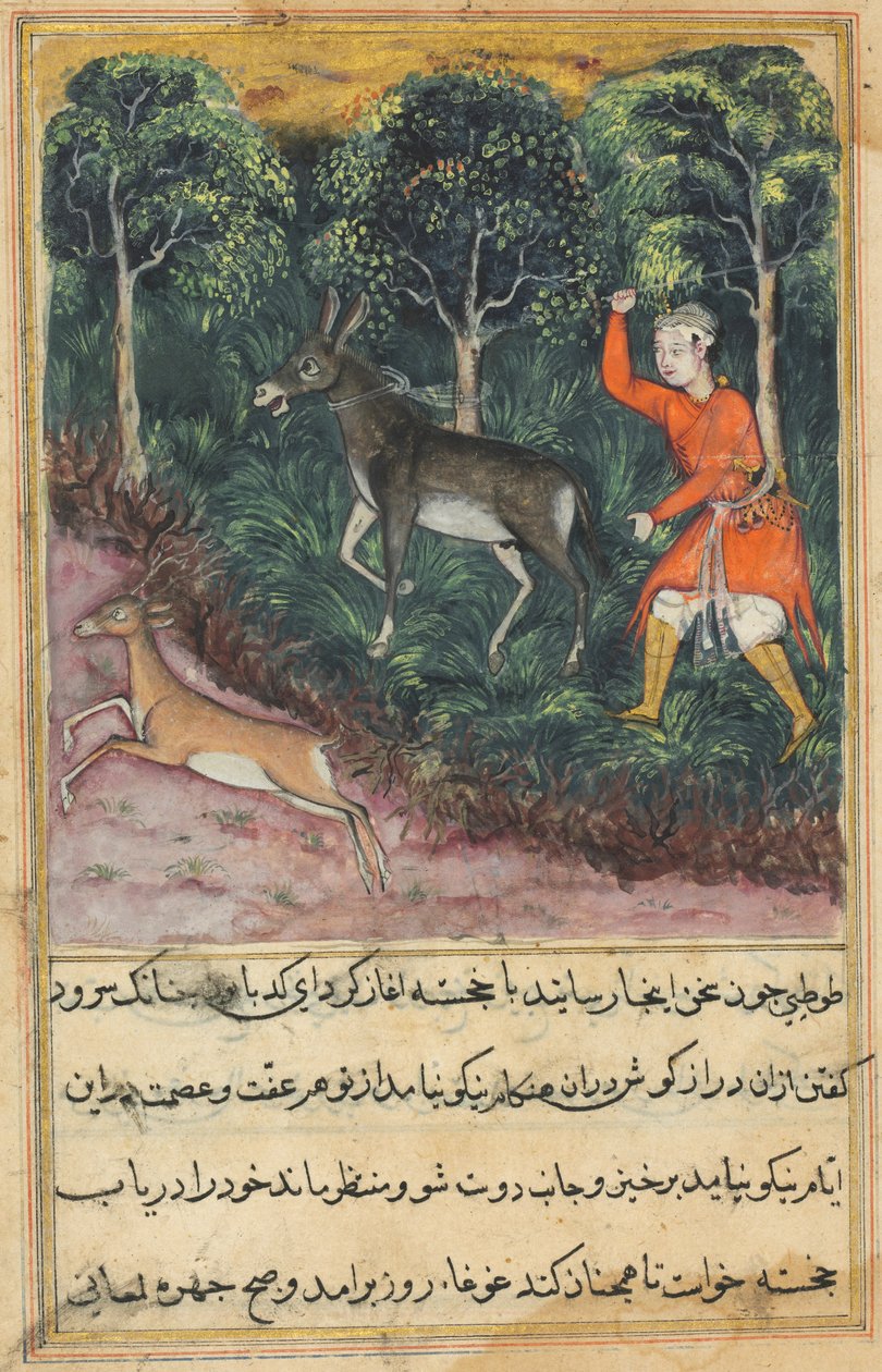 Gartneren griber og slår et æsel, der insisterede på at bræge, mens hjorten, dens ledsager flygter i sikkerhed, fra en Tuti-nama (Fortællinger om en papegøje): Enogfyrre nat af Unknown artist