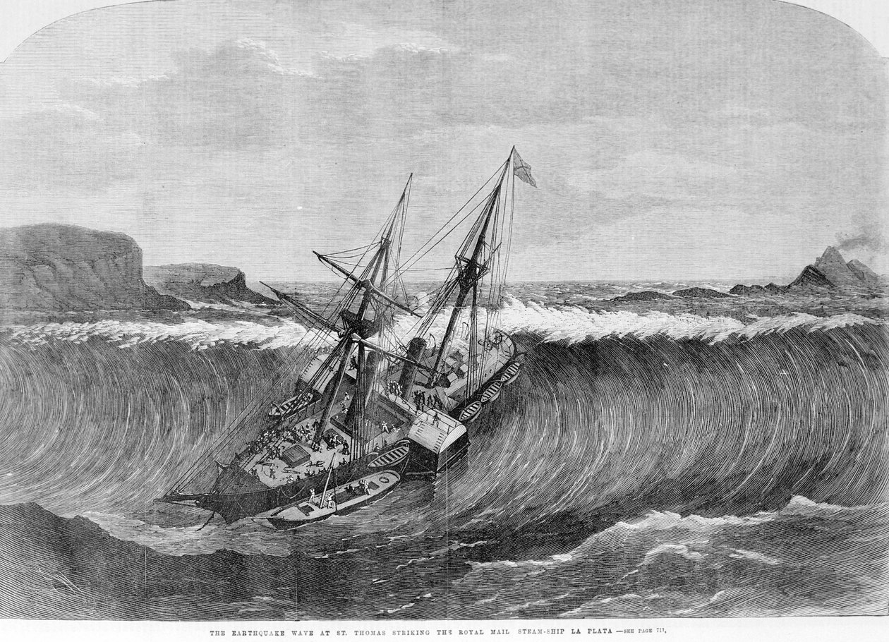 Den gigantiske bølge af tsunamien i december 1867 i Saint Thomas, Jomfruøerne falder på hjulbåden La Plata. Indgravering af det 19. århundrede. af Unknown artist