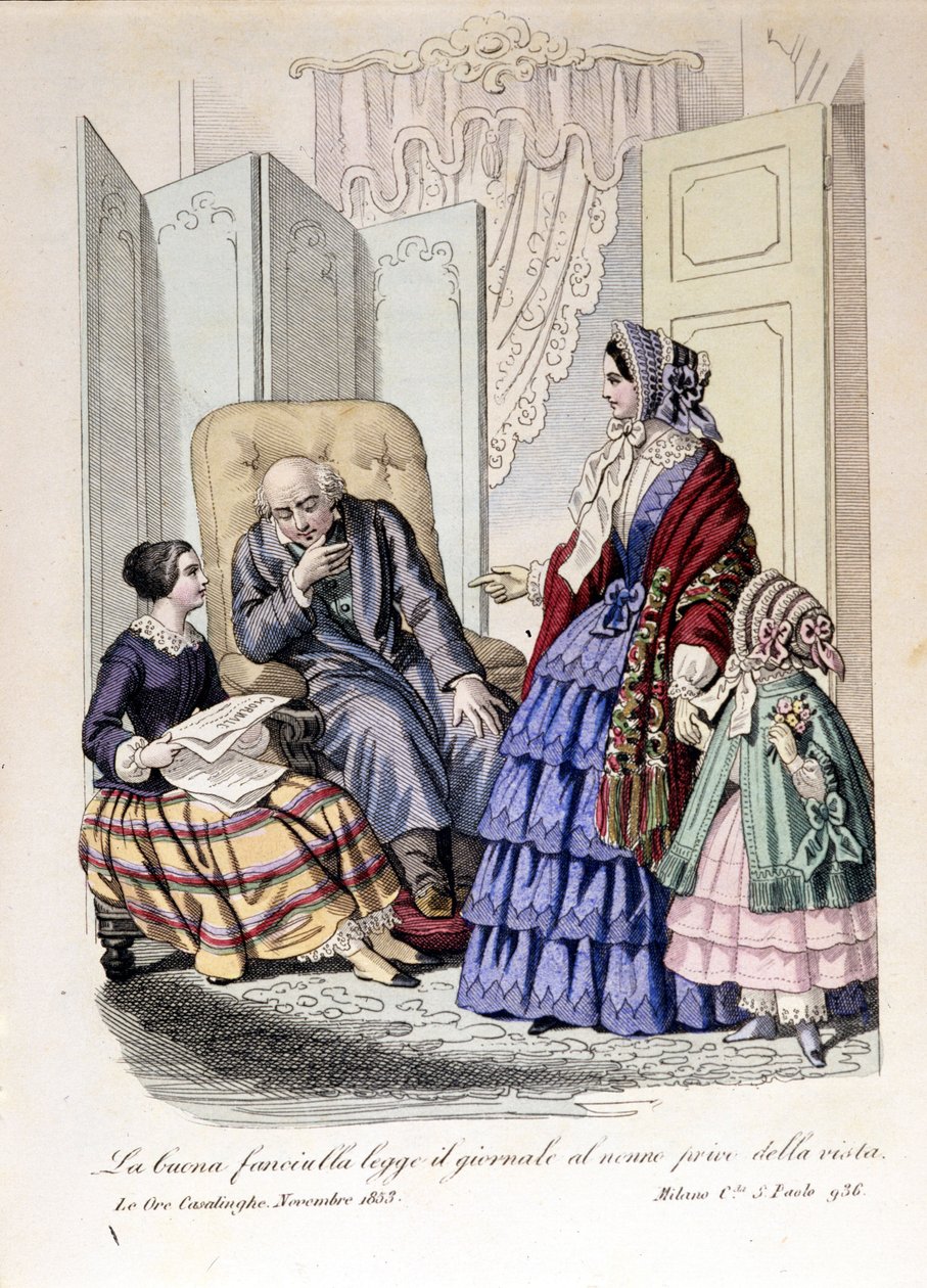 Pigen læser avisen for sin bedstefar, der har mistet synet. Fra "The ore casalinghe", november 1853. af Unknown artist