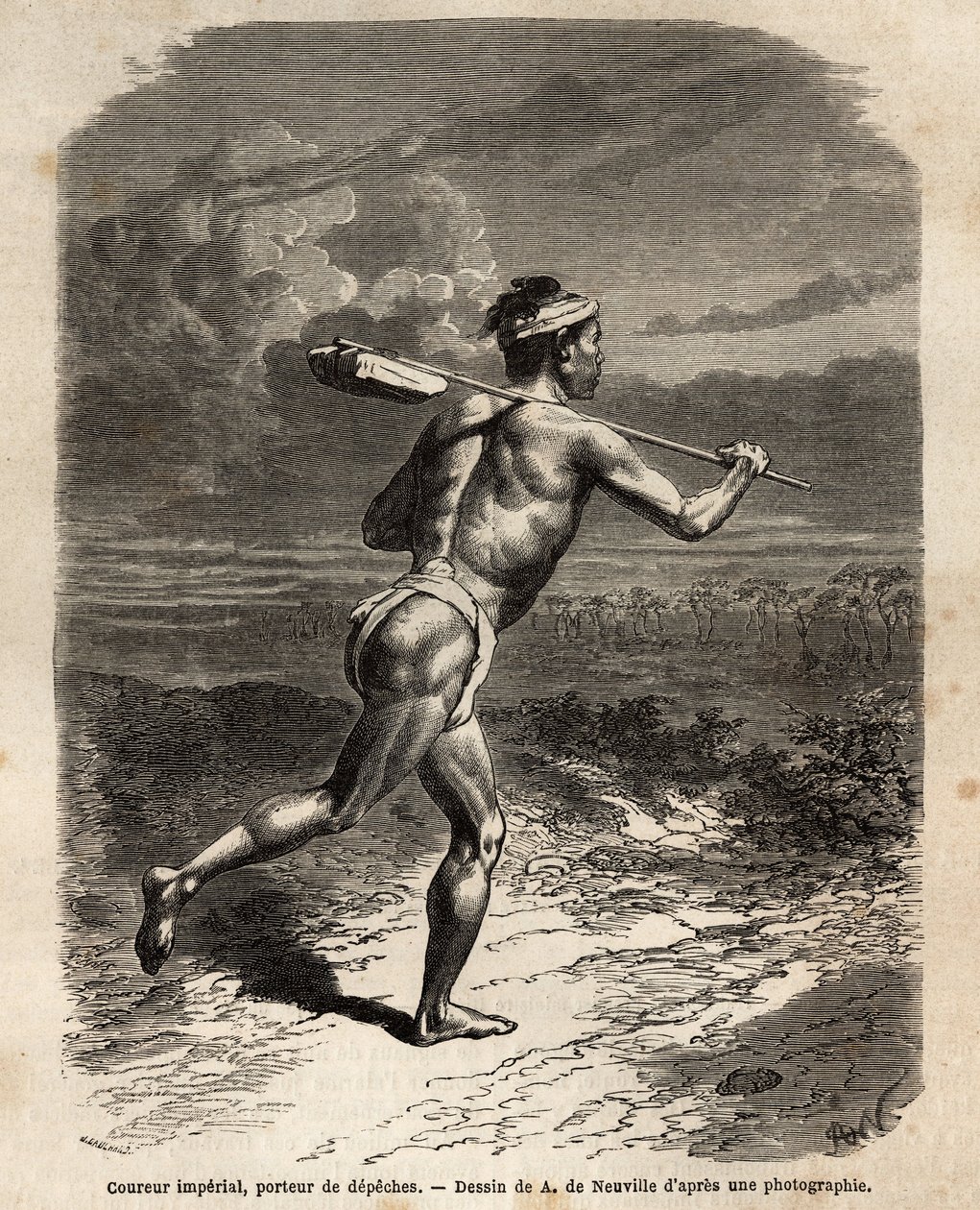 Den kejserlige løber, der bærer Mikado depeches. Indgravering til illustration af rejsen til Japan i 1863-1864 af Aime Humbert, minister for Det Schweiziske Forbund, i "" Le tour du monde, nouveau journal des voyages"" udgivet under ledelse af Edoua af Unknown artist