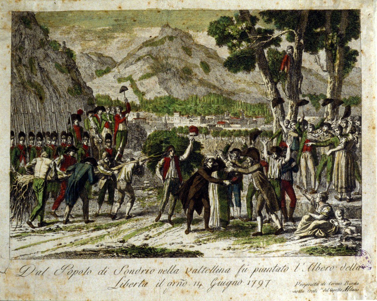 Indbyggerne i Sondrio de la Valtellina planter Libertes træ, symbol på sejr over det gamle regime. 14/06/1797. Gravering. af Unknown artist