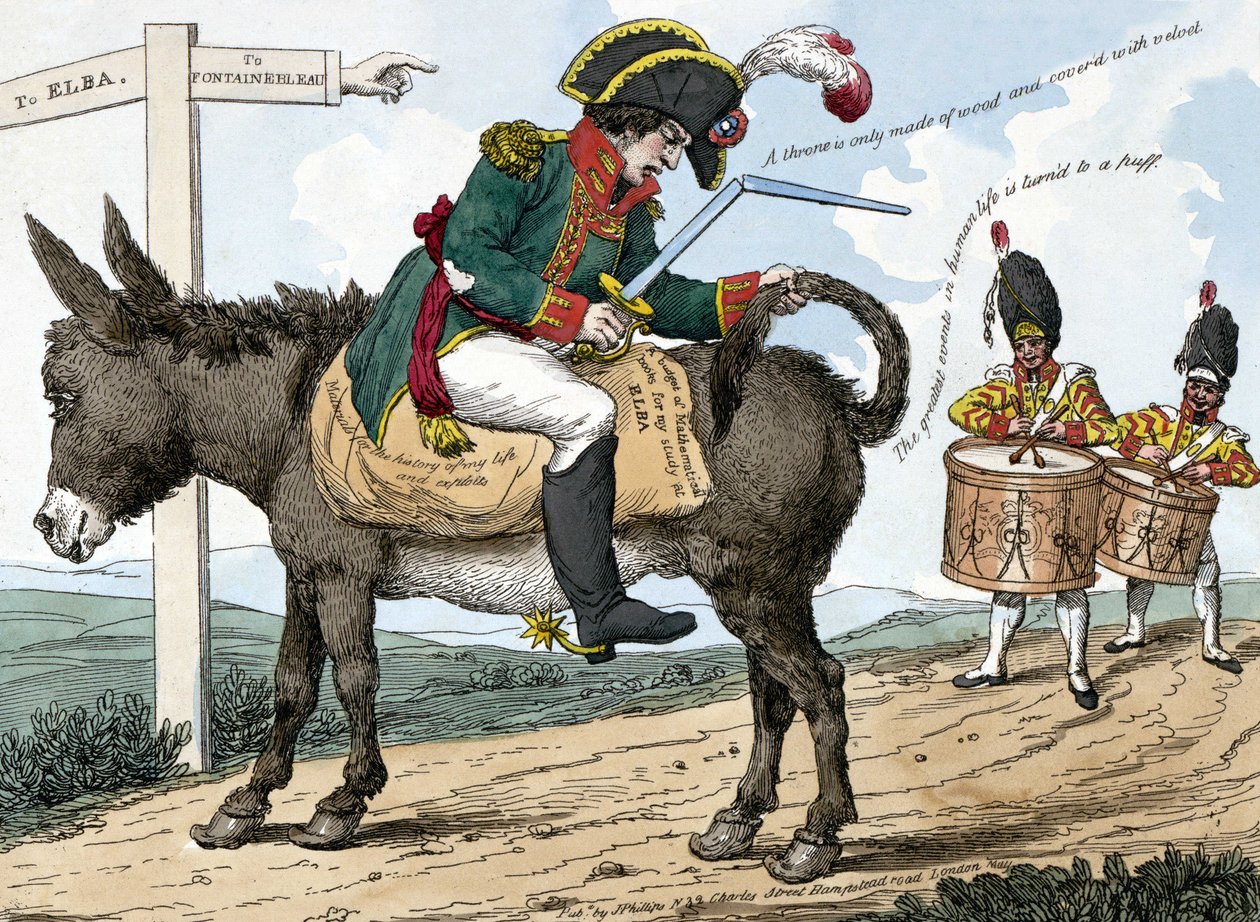En moderne helts rejse til øen Elba. En moderne helts rejse til øen Elba. Denne tegneserie viser Napoleon Bonaparte siddende på et æsel på vejen fra Fontainebleau til Elba-øen; han holder en sværdkasse i den ene hånd og den af Unknown artist
