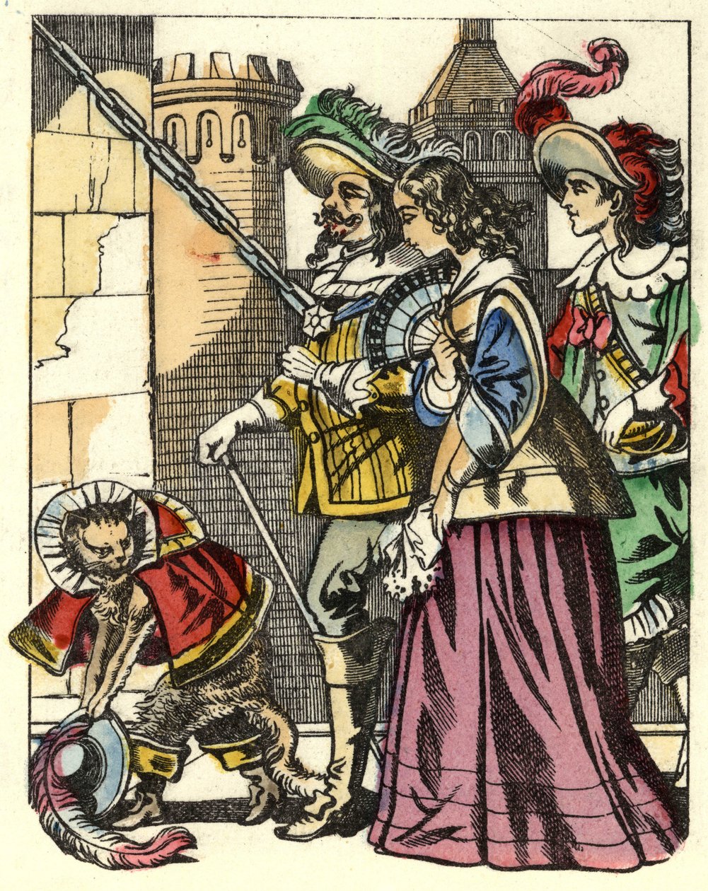 Kongen, prinsessen og markisen af Carabas ankommer til troldens slot forud for kattestøvlen. Illustration af fortællingen "The cat botte" af Charles Perrault af Unknown artist