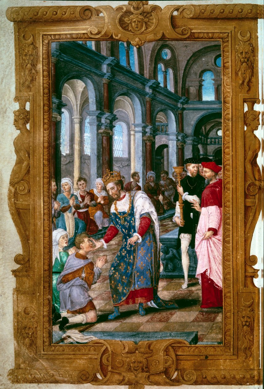 Kongen rører ved, Gud hører dig Kong Henrik II (1519-1559), thaumaturge, krigere en syg af ecrouelles i klosteret Saint Marcoul, lige efter ceremonien for kroningen af Reims. Nær ham buen af Reims. Miniature fra "The Hours of Henry II"" 154 af Unknown artist