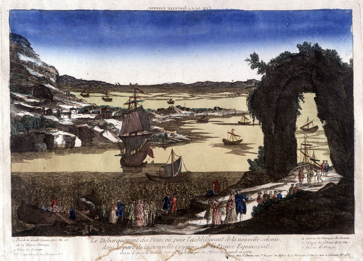Franskmændenes landgang for etableringen af den nye koloni i havnen Nouvelle Cayenne (eller France Equinoxiale) af Unknown artist