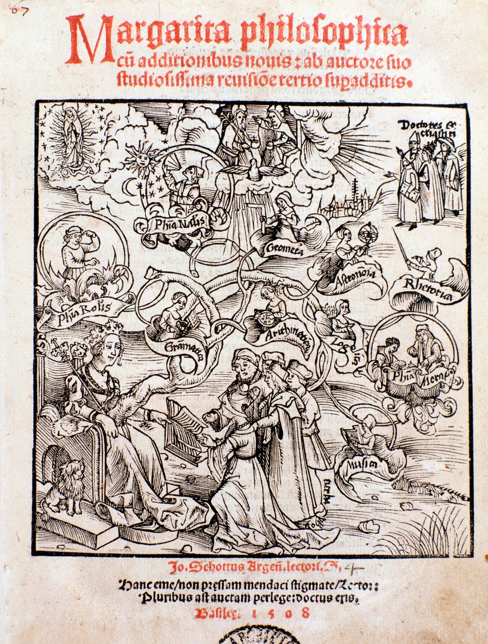Den liberale kunst: Trivium (grammatik, logik og retorik) og quadrivium (aritmetik, geometri, musik og astronomi) (gravering af Unknown artist