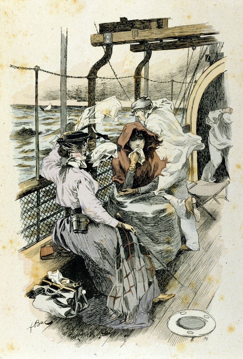 Passagerernes liv om bord: en ung kvinde lider af søsyge. af Unknown artist