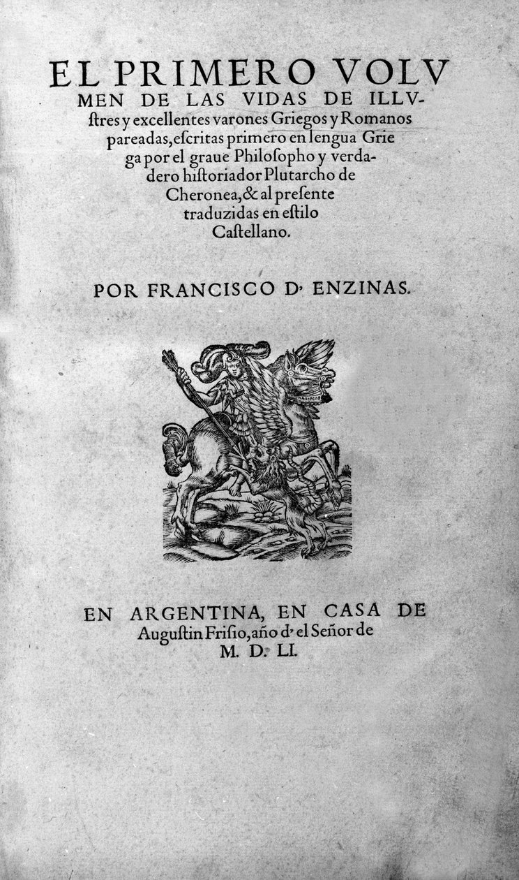 Berømte mænds liv. Frontispice af Plutarch di Cheronees bog, også kaldet "Paralleles Lives"". Argentinsk udgave af Unknown artist