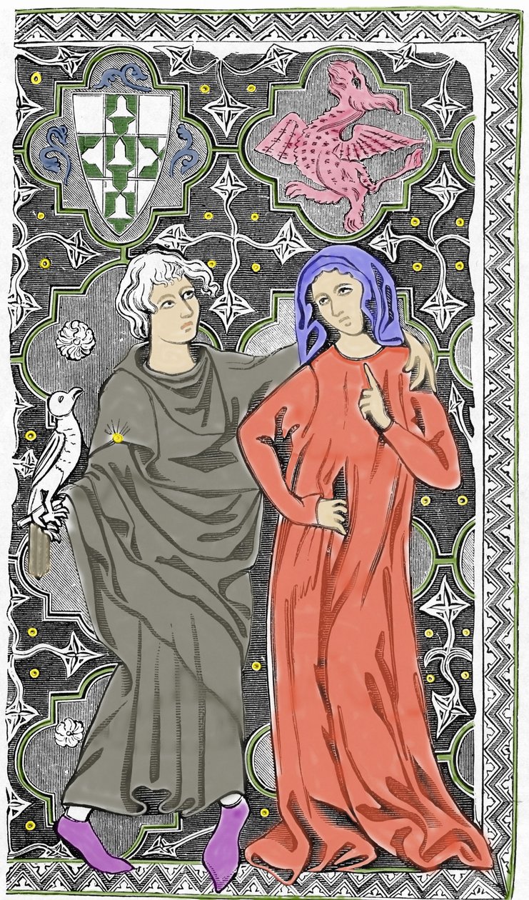 Tryllekunstneren Merlin the Enchanter møder feen Viviane i Broceliande-skoven. Repræsentation af et e-mail-manuskript af Limoges fra begyndelsen af det 15. århundrede. 19. århundrede. af Unknown artist