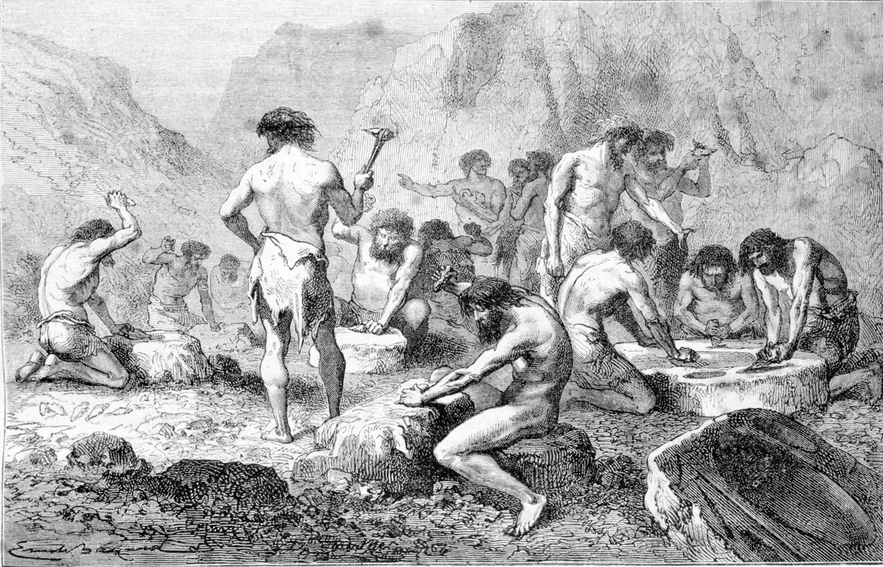 Fremstilling og polering af flint af forhistoriske mænd i Pressigny. af Unknown artist