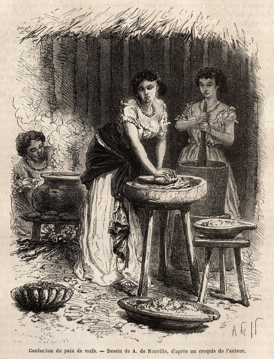 Fremstilling af majsbrød, grundlaget for mad, af kvinder i Great Cauca Valley (Colombia). Gravering til illustration af rejsen til New Granada, af Dr. Saffray, i 1869, udgivet i "" Le tour du monde""" 1873, redigeret af Edouard Charton, udgave Hachet af Unknown artist