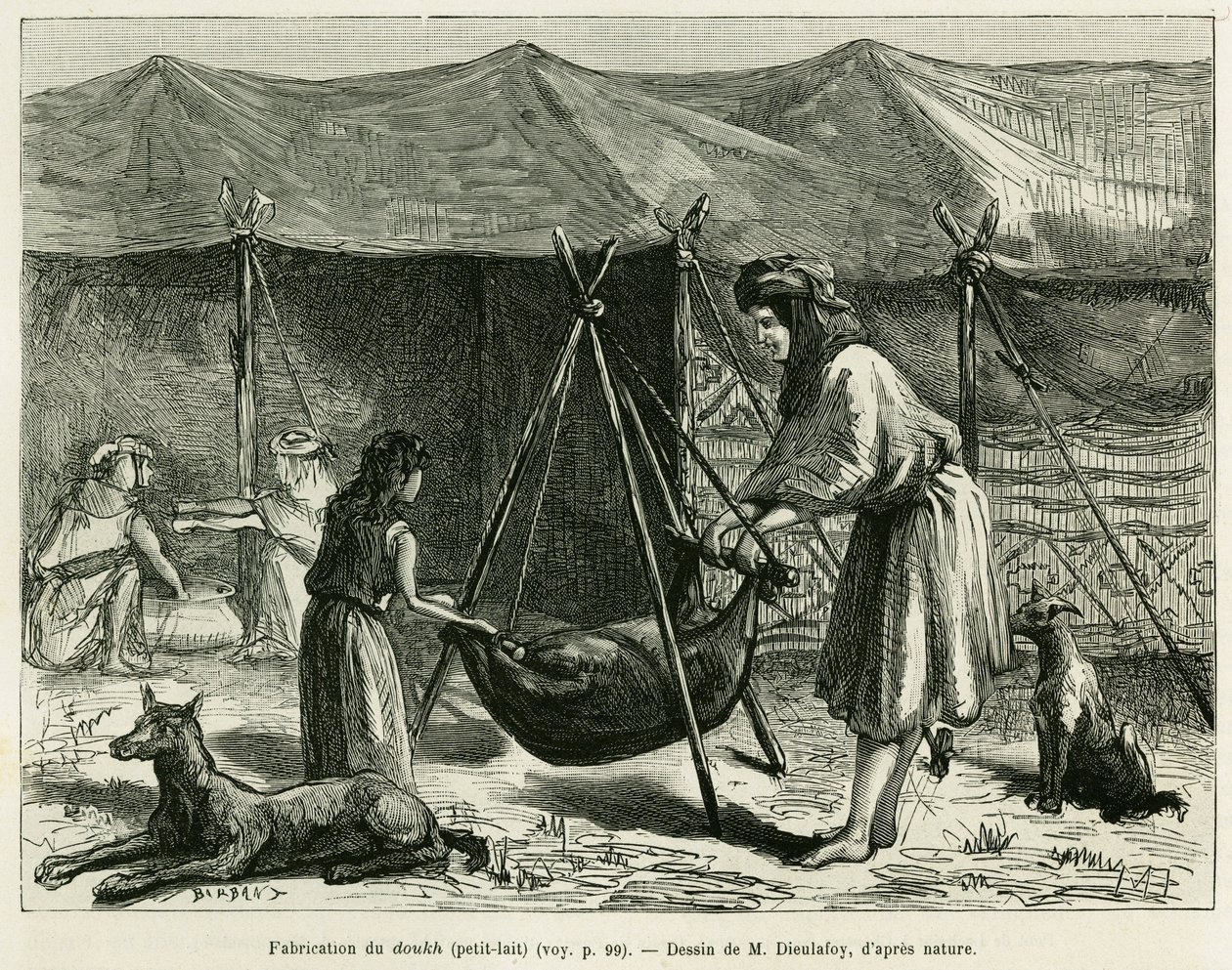 Fremstilling af mælk af kvinder fra hyrder i Karoun-regionen. Gravering til illustration af historien La Perse, la Chaldee et la Susiane af Jane Delafoy (1851-1916), akademiofficer, i le tour du monde 1886, instrueret af Edouard Charton (1807-1890), Ha af Unknown artist