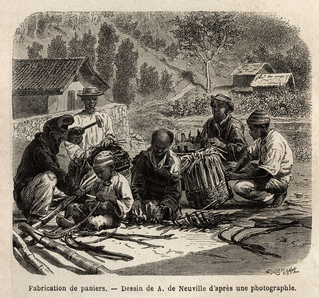 Fremstilling af palmebladskurve, til indsamling af kaffe. Gravering til illustration af rejsen til Brasilien, historie af M. og Mme Agassiz, i 1865-1866, offentliggjort i "Le tour du monde, nouveau journal des voyages", under ledelse af Edouard Charto af Unknown artist