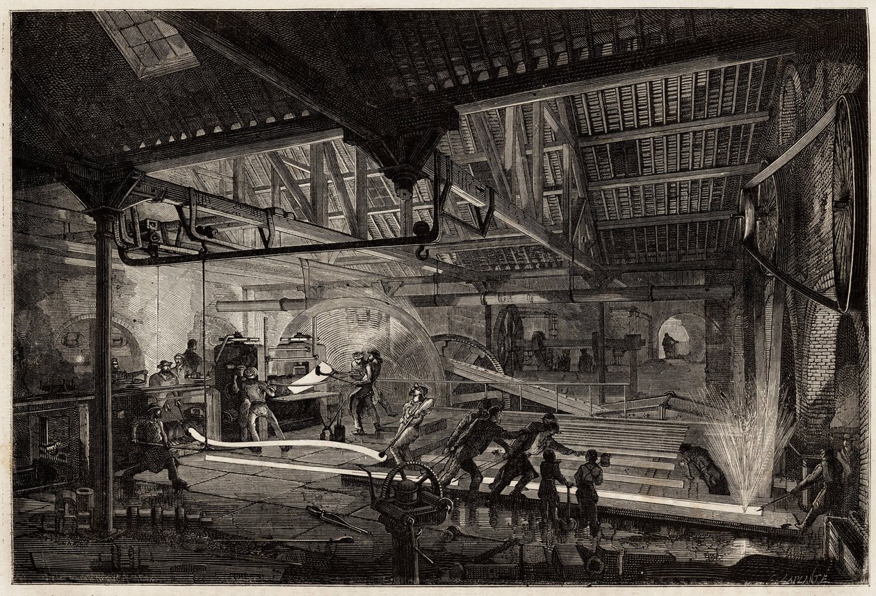 Fremstillingen af skinnerne i de gamle smedjer i Le Creusot, stålstrimlerne, hvide af varme, strækker sig i skinner mellem valseværkerne. Gravering til illustration af en rejse til Creusot og minerne i Saone og Loire, i 1865, af L. Simonin, i "" Le tou af Unknown artist