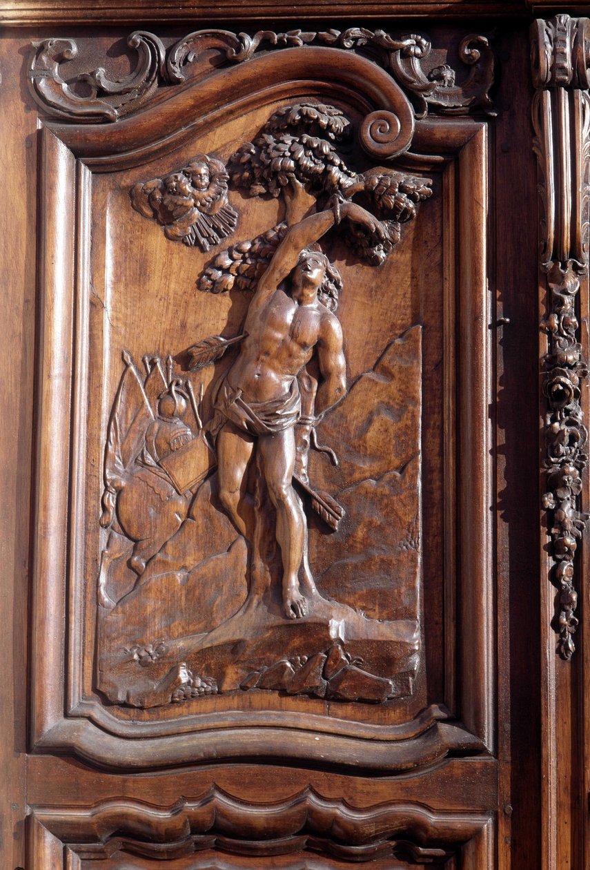 San Sebastians martyrium, detalje af den udskårne trædør til kirken for den ubesmittede undfangelse, Menton. af Unknown artist