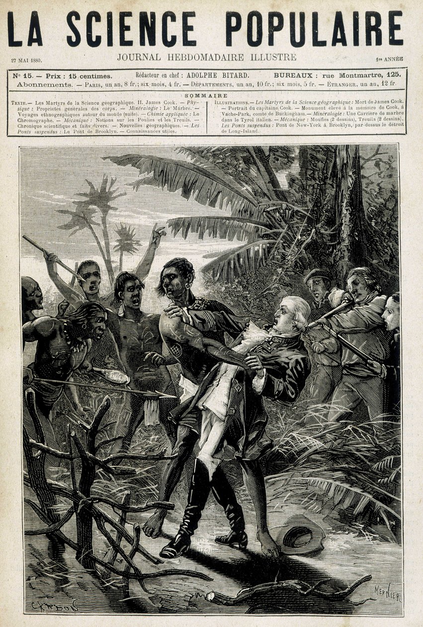 Geografisk videnskabs martyrer: Kaptajn Cooks død. Forside "" La Science populaire"" af 27. maj 1880 af Unknown artist