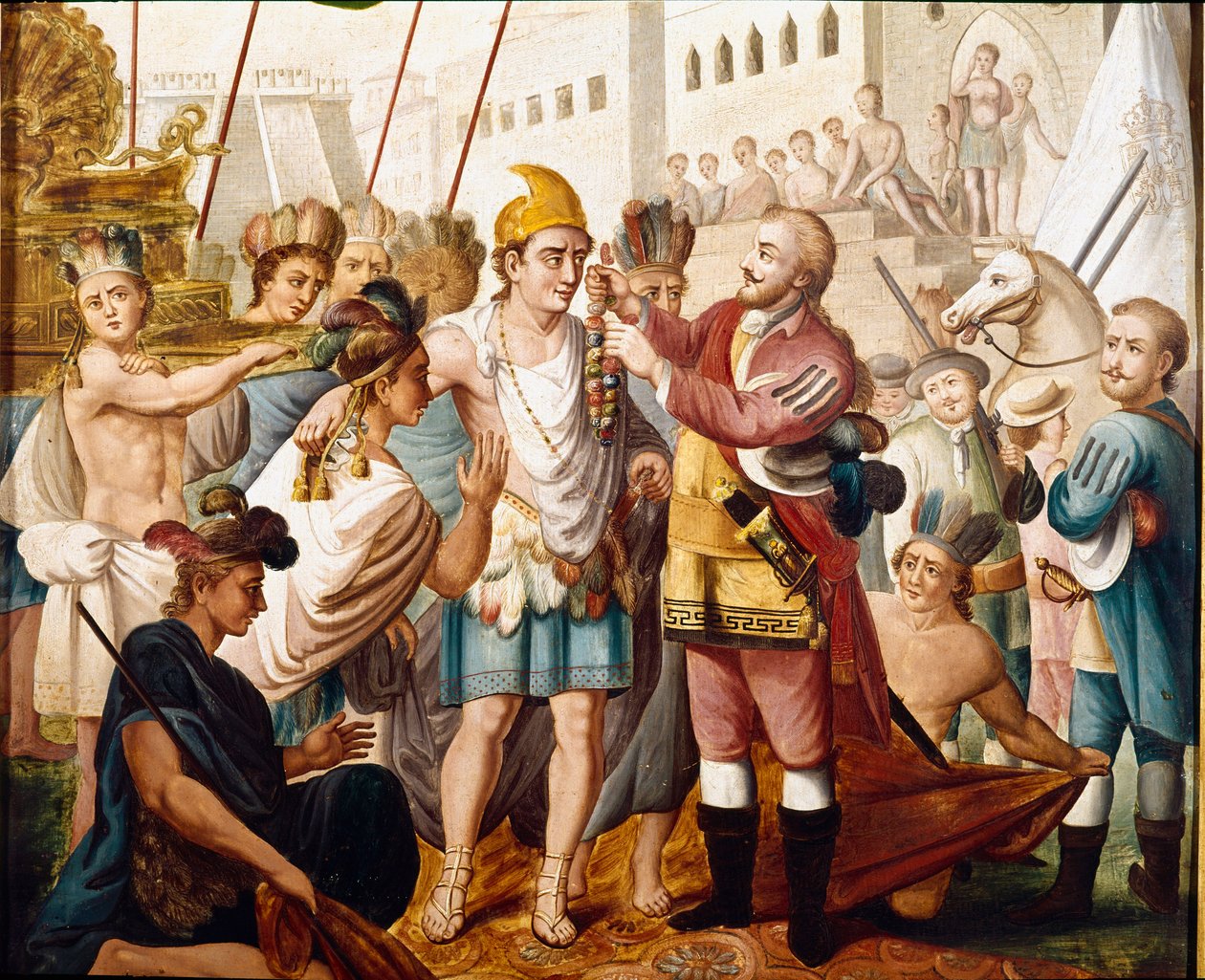 Mødet mellem Hernan (eller Hernando) Cortes eller Fernand Cortez (1485-1547) og den aztekiske konge Montezuma (eller Moctezuma: 1466 - 1520) i november 1519 Anonymt maleri fra det 19. århundrede. Museum of America, Madrid. af Unknown artist