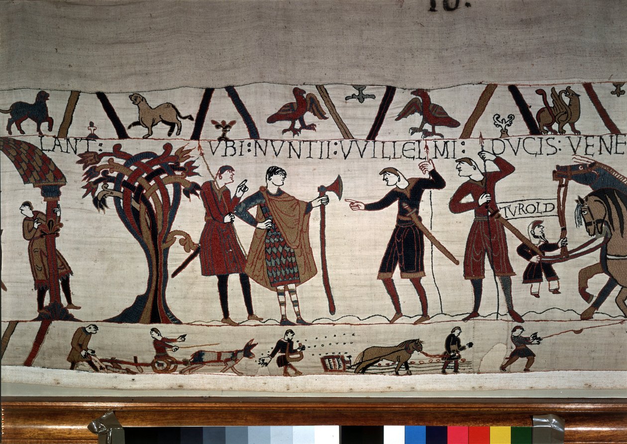 Sendebudene fra hertug Guillaume (1027 - 1087) kommer for at finde Guy de Ponthieu - Bayeux-tapet, kendt som Broderi af Dronning Mathilde af Unknown artist