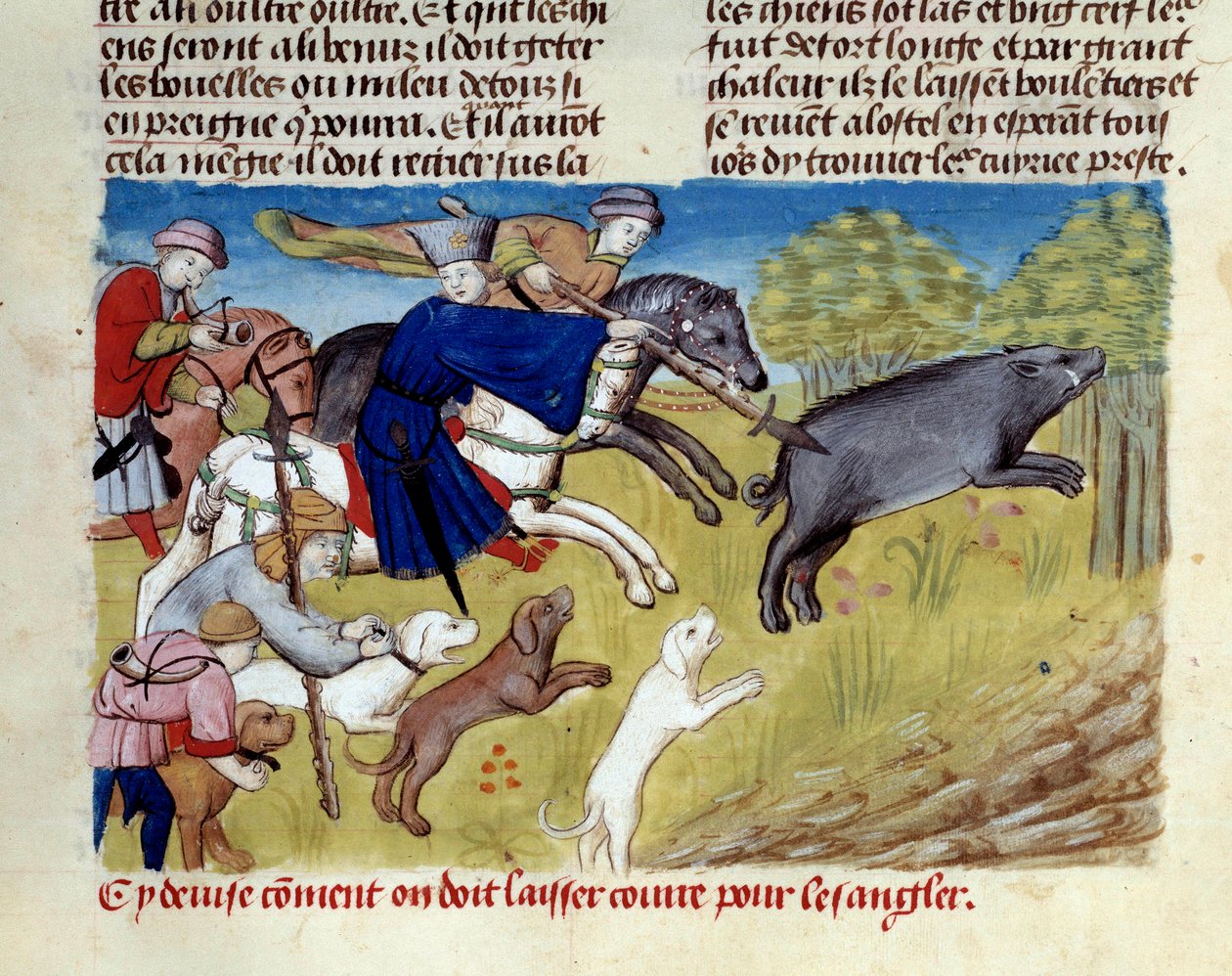 Miniature-vildsvinejagten fra ""The book of hunting"" af Gaston III Phoebus, greve af Foix, Lord of Bearn (1331-1391) af Unknown artist