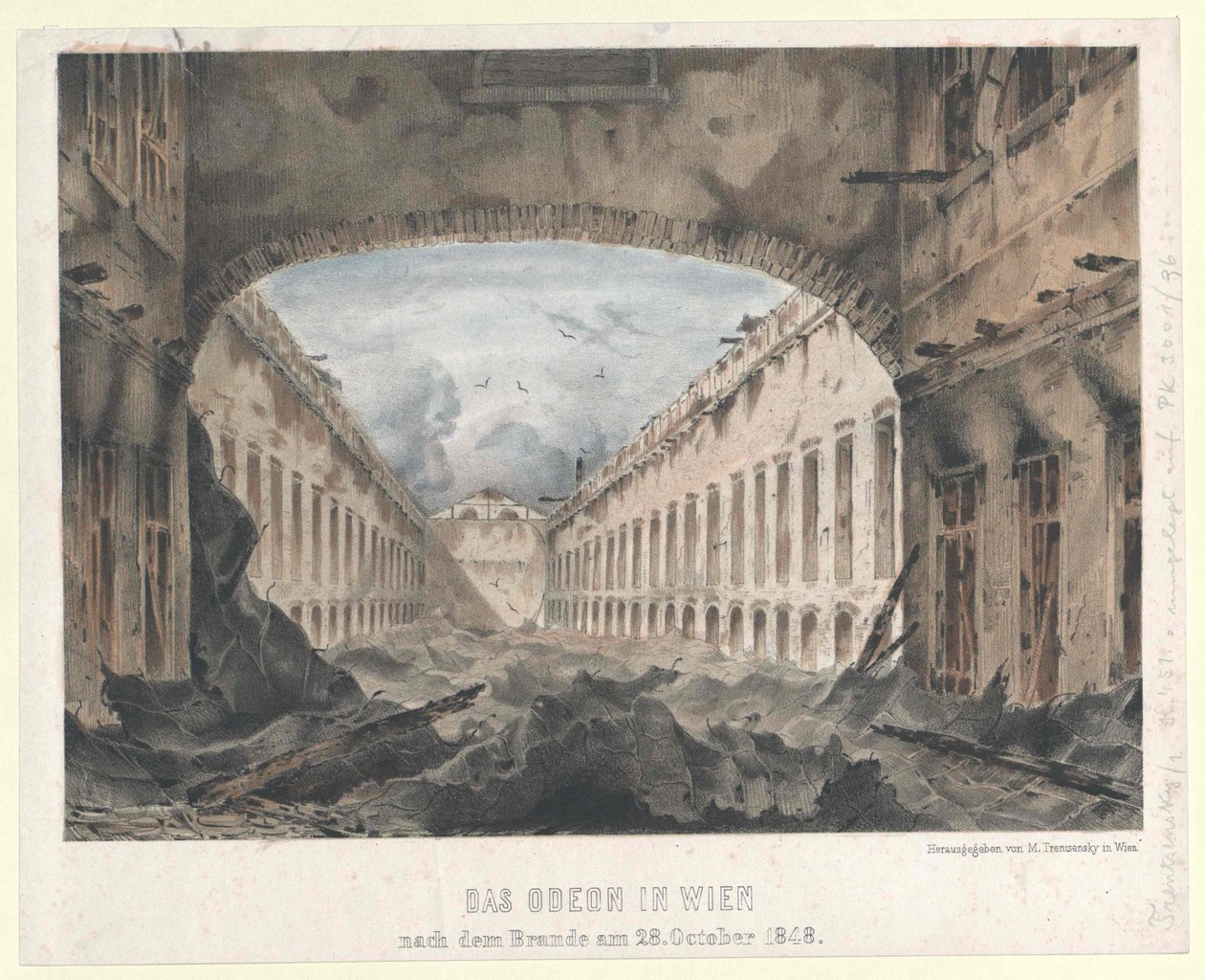 Odeon i Wien efter branden den 28. Oktober 1848 (farvelitografi) af Unknown artist