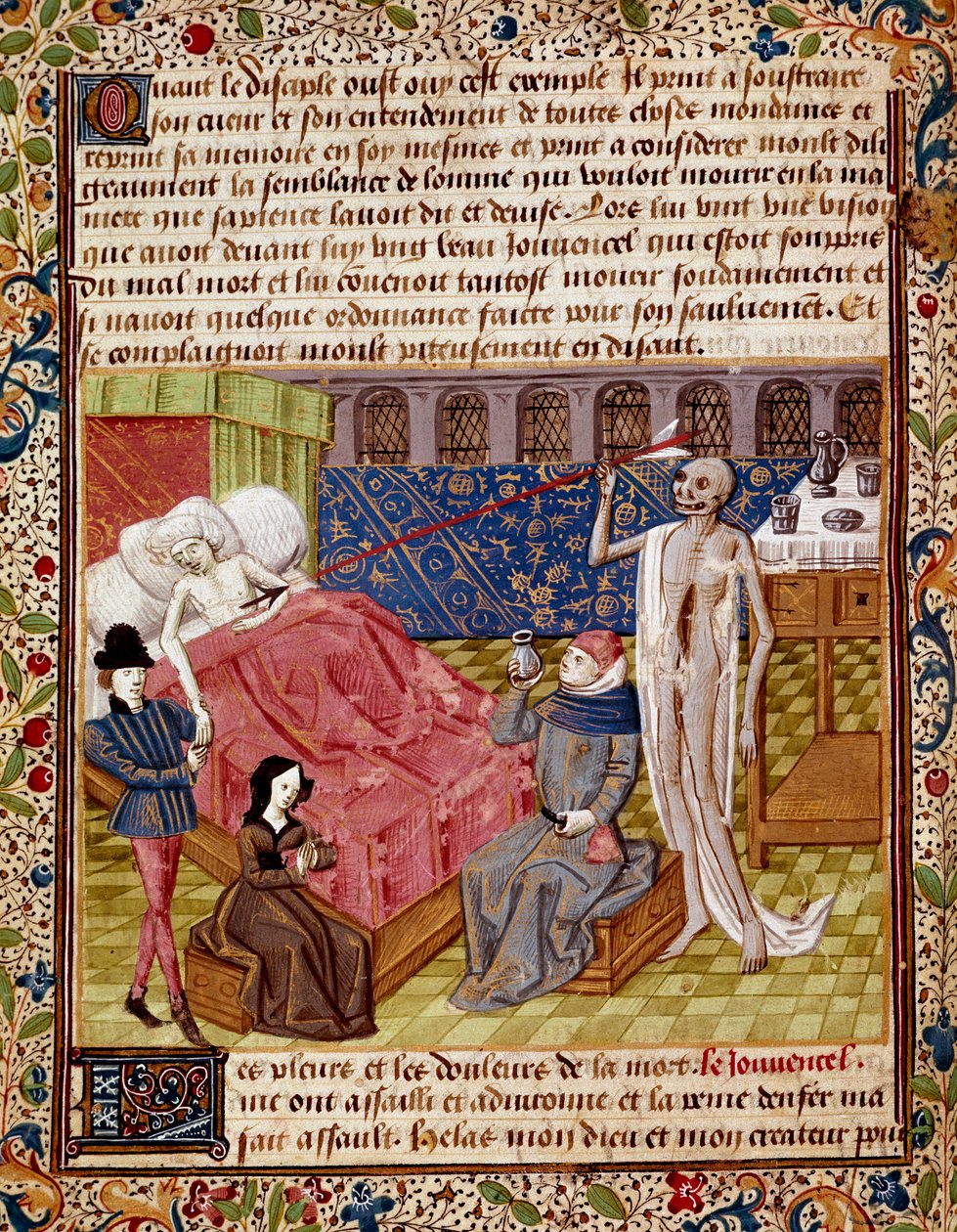 Patienten er ramt af miniaturedøden taget fra "" Le Tresor de Sapience"" (eller "Le traite du jardin amoureux") af Jean Gerson (1363-1429) Chantilly fra det 15. århundrede, Musee Conde af Unknown artist