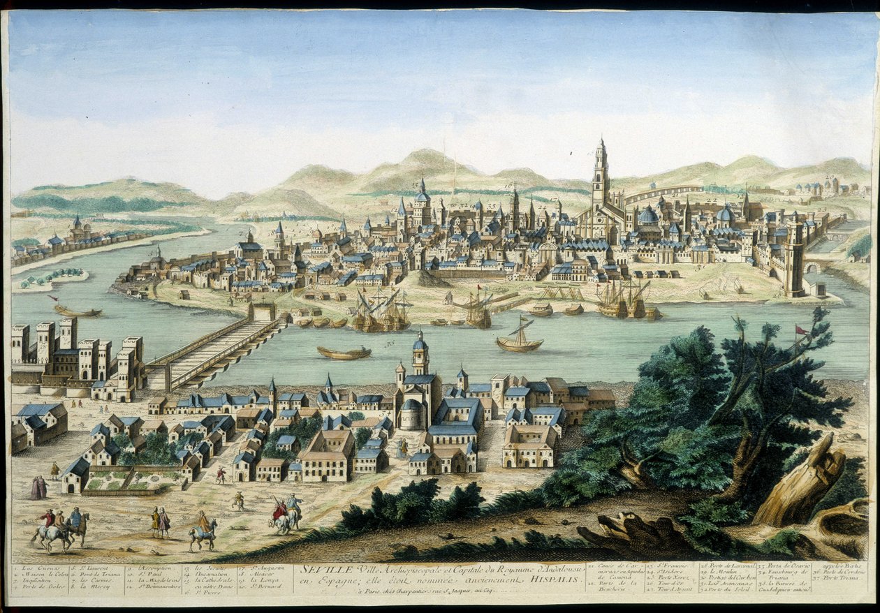 Havnen og byen Sevilla - gravering af det 18. århundrede. af Unknown artist