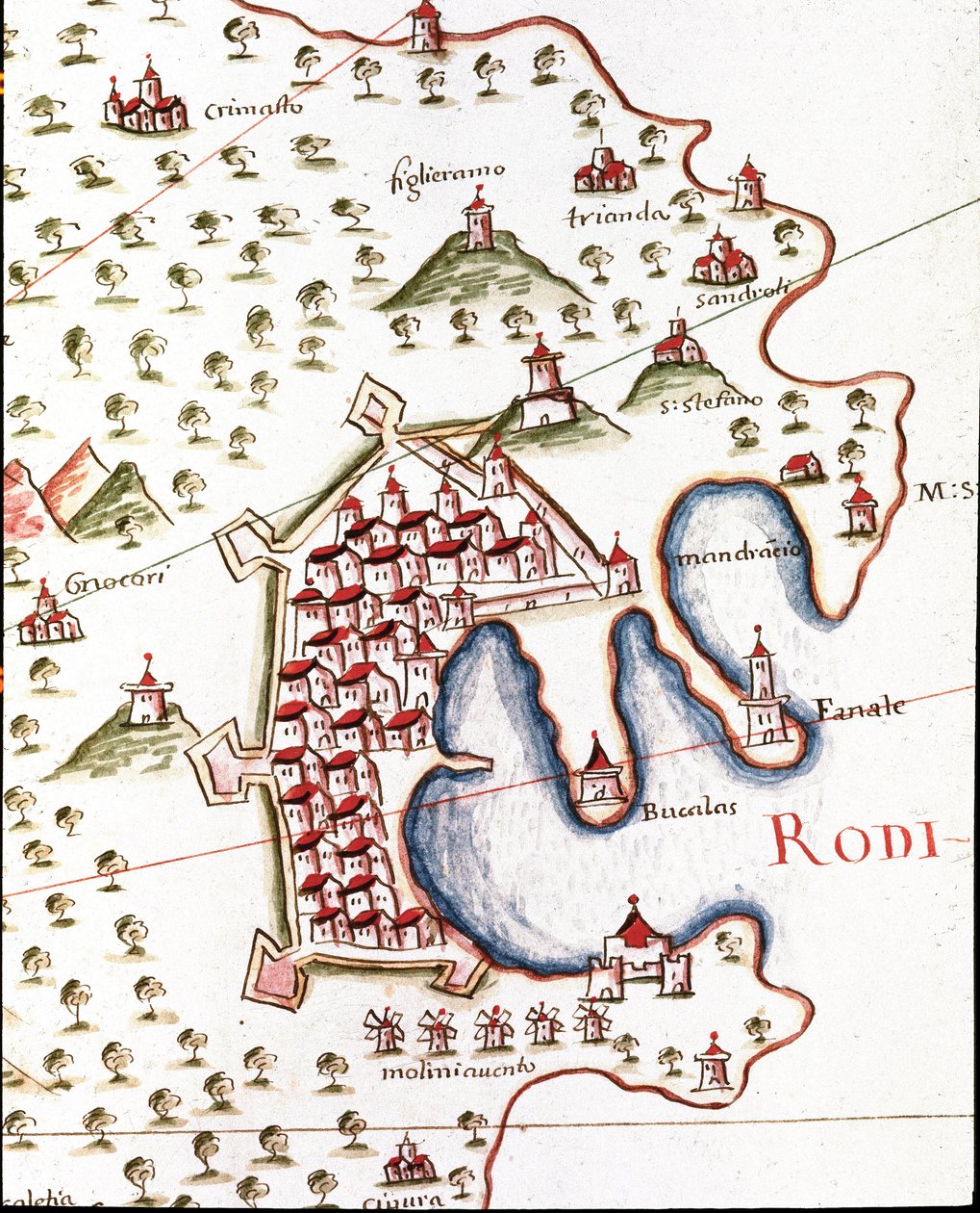 Rhodos havn i Grækenland (Detalje af portulan af Castellini af Unknown artist