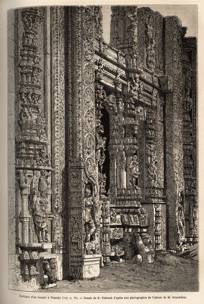 Portikoen udskåret af et tempel i Tripetty (eller Tirupati, i Andhra Pradesh), et vigtigt sted for hinduistisk pilgrimsfærd. Gravering til illustration af rejsen til Indiens meridionalprovinser, af Alfred Grandidier, i 1862-1864, udgivet i "" le tour du mo af Unknown artist