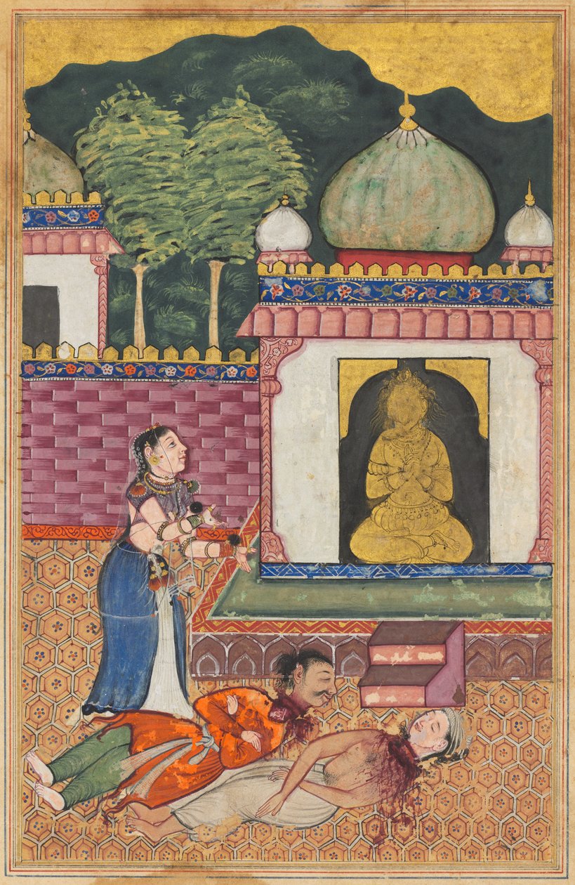 Prinsessen opdager de døde kroppe, med afhuggede hoveder, af sin mand og hans Brahman-ven fra en Tuti-nama (Fortællinger om en papegøje): Fireogtredive nat af Unknown artist