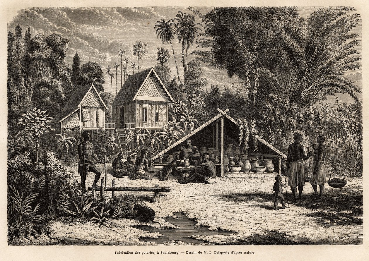 Produktion af keramik i Saniaboury (Laos). Gravering til illustration af udforskningsrejsen i Indokina af Francis Garnier, løjtnant de Vaissseau, i 1866-1868, udgivet i "" Le tour du monde""" 1870-1871, redigeret af Edouard Charton, udgave Hac af Unknown artist