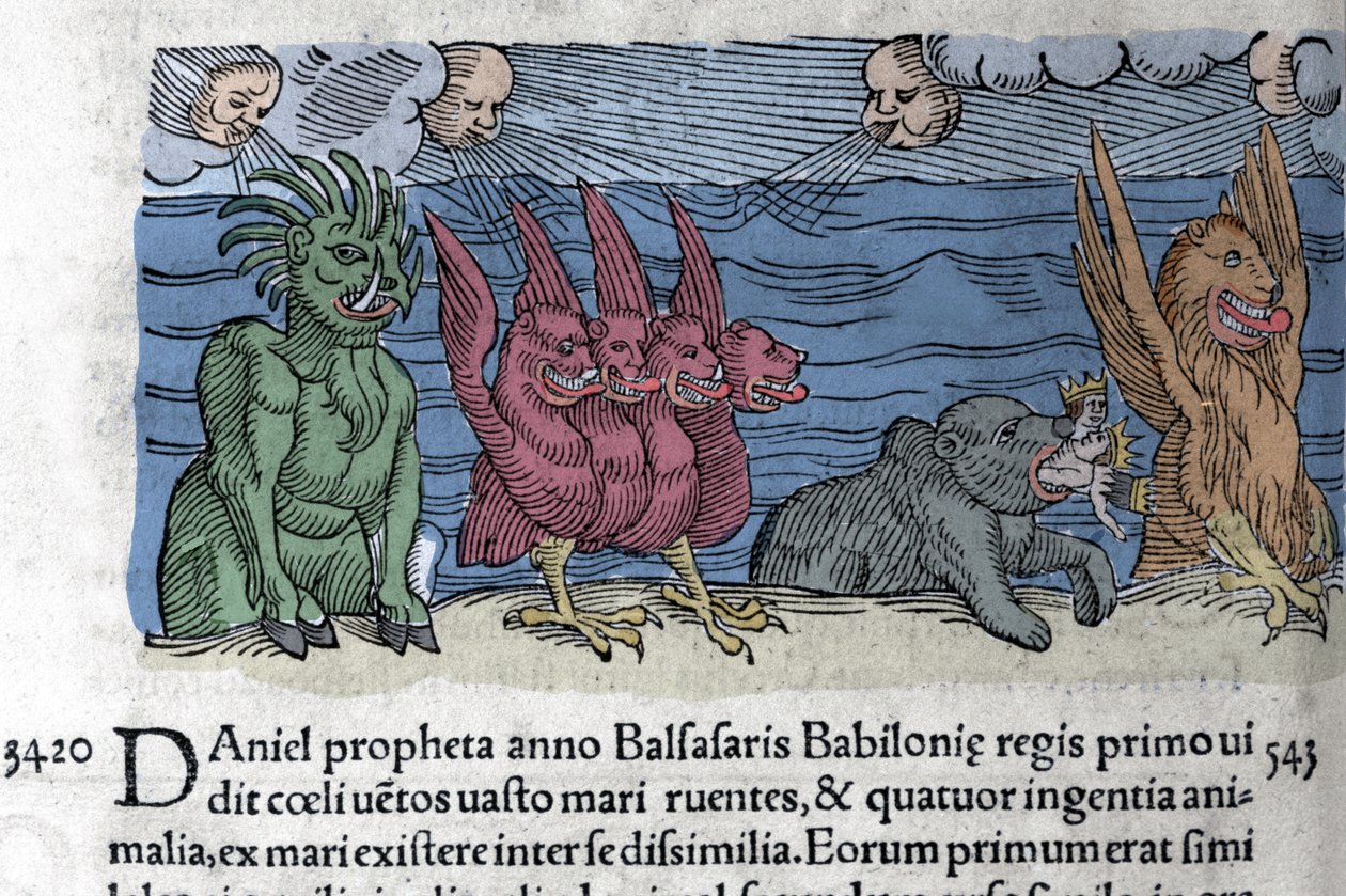 Profeten Daniel ser monstre dukke op: Haniel, Kafziel, Azriel, Aniel. Indgravering fra "The Book of Prodigiorum ac ostentorum Chronicon Basileae" af Wolfhart (Conrad Lycosthene) 1557 af Unknown artist