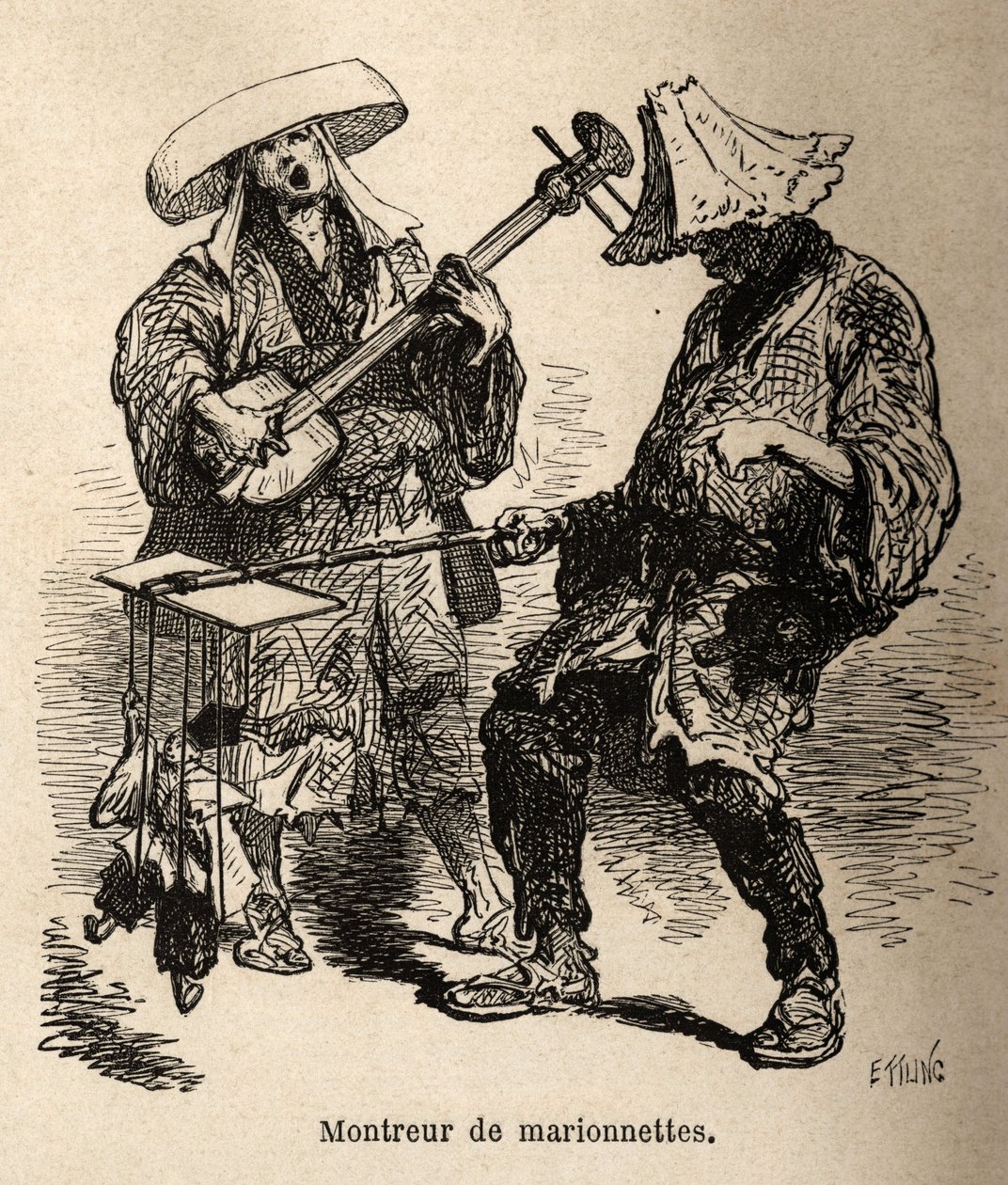Dukketeateret og musikeren, der ledsager ham til gadeunderholdning. Gravering til illustration af rejsen til Japan af Aime Humbert, minister for det schweiziske forbund, i 1863-1864, udgivet i "" le tour du monde"", under ledelse af Ed af Unknown artist