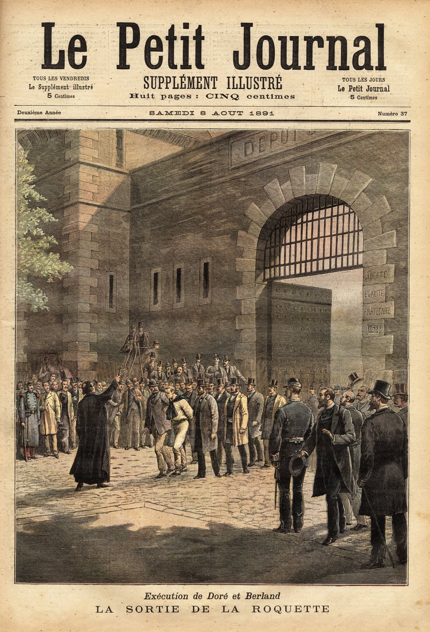 Frigivelsen af Paris-fængslet fra raketten den 27. juli 1891, dømte forbryderne Dore og Berland til døden. Indgravering af" Henri Meyer i "" Le petit journal"" 8/08/1891. Selvas samling. af Unknown artist