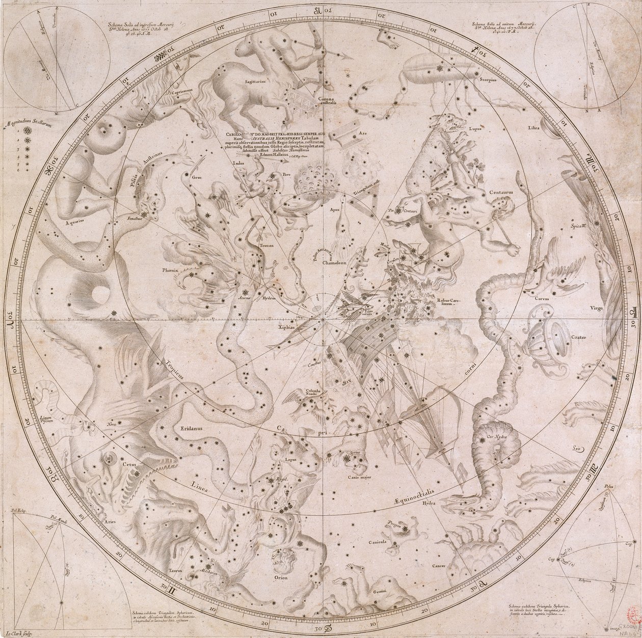 De vigtigste fiksstjerners rette opstigninger og deklinationer på begge halvkugler til år 1678 af Unknown artist