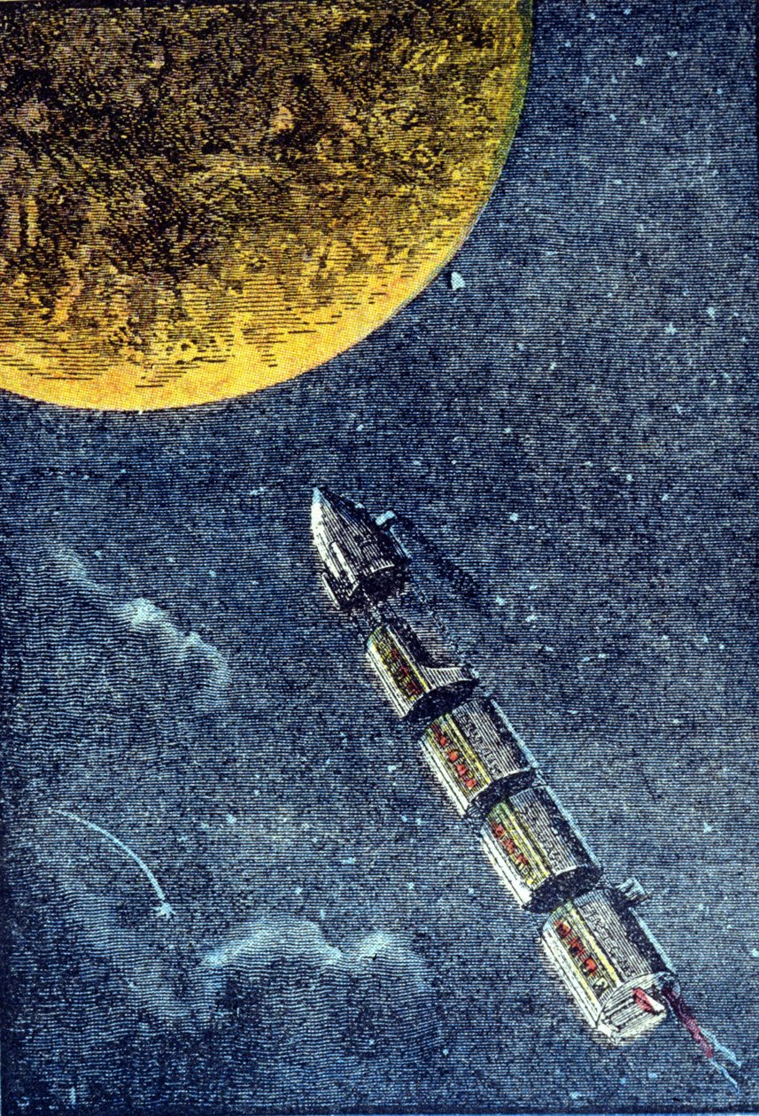 Raketten blev sendt ud i rummet ankom til månen - grav. i "Fra jorden til månen"" af Jules Verne af Unknown artist