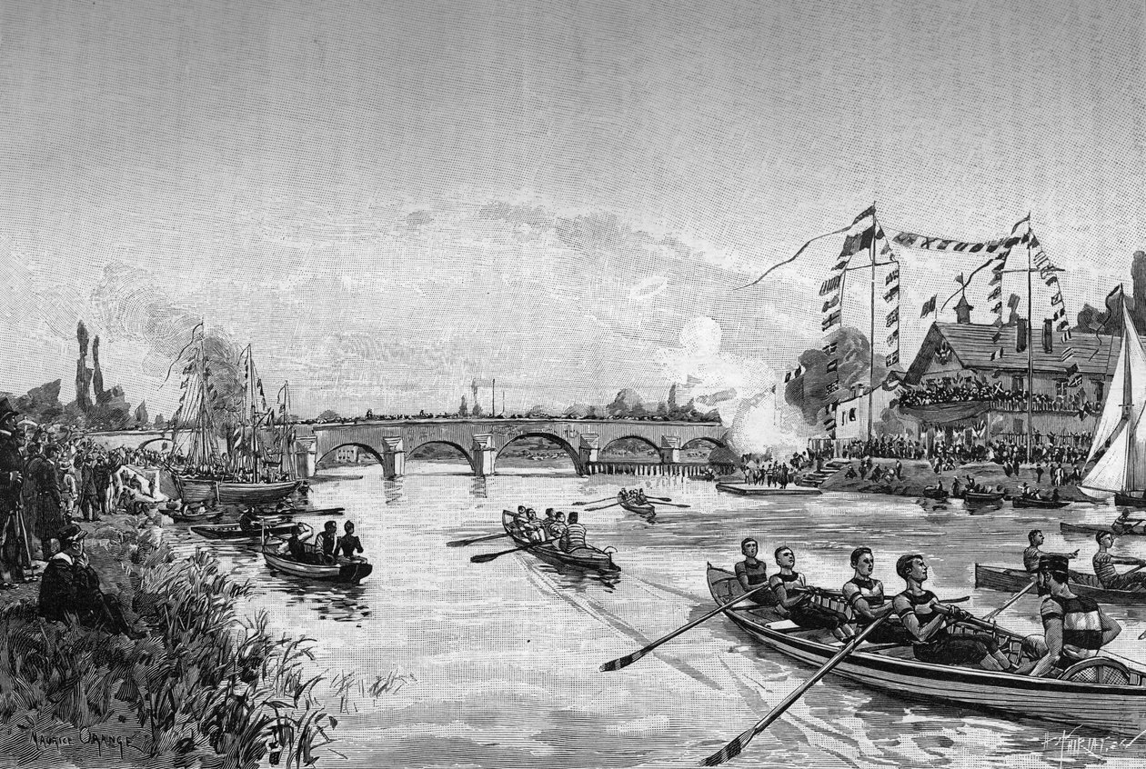 Skoleregattaerne i Joinville le Pont (Joinville-le-Pont), Ile de France. Indgravering i "" The Journal of Youth "" af Unknown artist