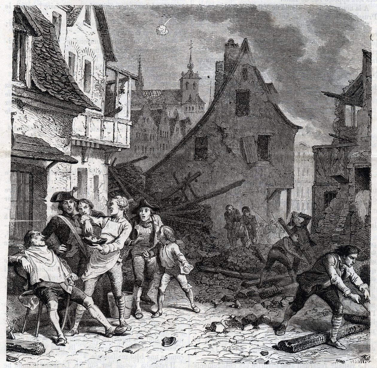 Barberingsfadet i Lille. En episode fra belejringen af Lille i 1792 under de franske uafhængighedskrige - Le siege de Lille en octobre 1792 - Revolution francaise - Bombardement af østrigere og preussere - Barber bruger en halv bombe som skægfad - engr af Unknown artist