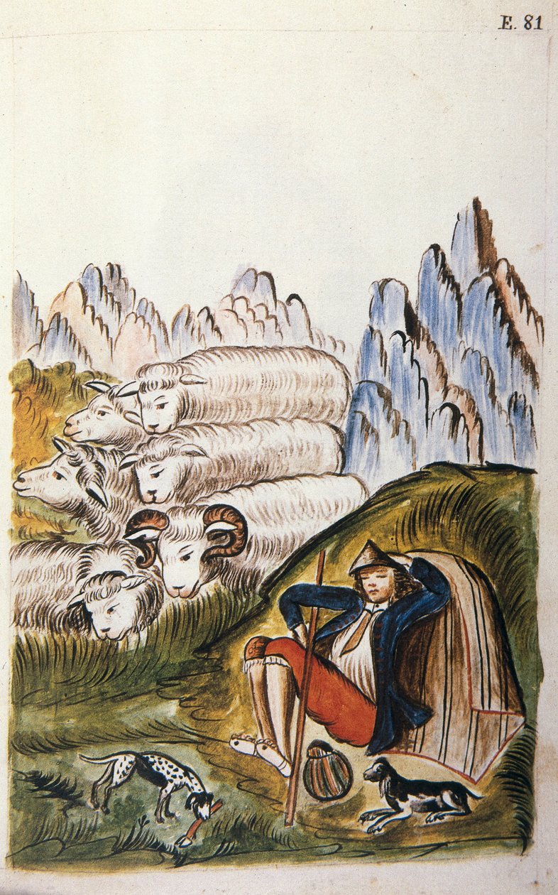 Hyrden og hans flok får, fra bogen "Trujillo del Peru" eller "Codex Martinez Companion", af Baltazar Martinez Companion og Bujanda, biskop af Trujillo (1782-1785) af Unknown artist