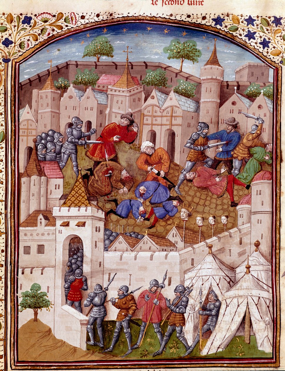 Belejringen af en by og massakren af dens indbyggere Miniature taget fra "The Facts of the Romans"" (eller Li Fet of the Romans), samler Saluste og Suetoine og Lucan. 15. århundrede (ms. 1055, fol. 417) Chantilly, Musee Conde af Unknown artist