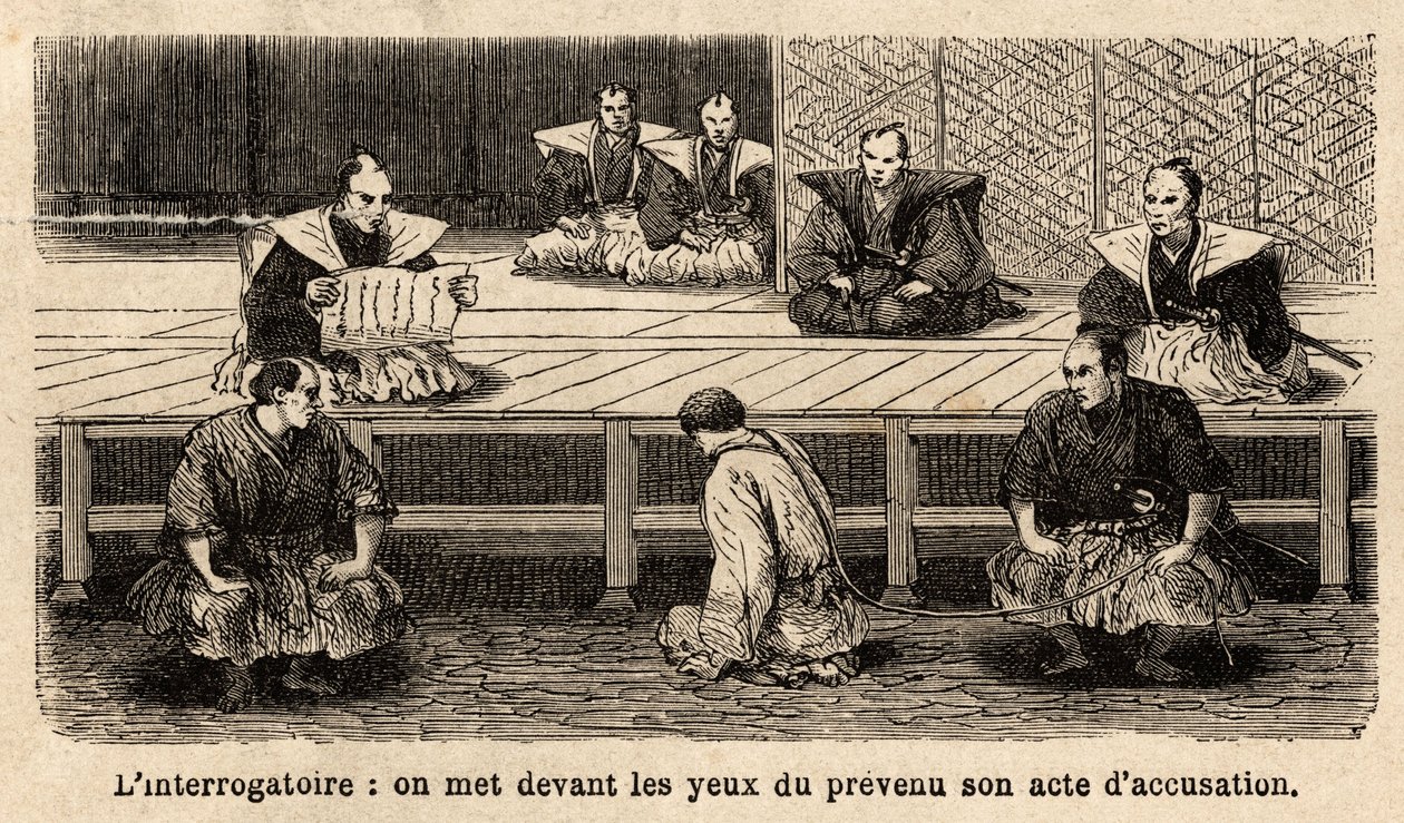 Retfærdighedens stadier: Forhør, oplæsning af anklageskriftet for den anklagede, som står foran sine dommere, knæ, halsen holdt af et reb, der holdes af en vagt. Gravering til illustration af rejsen til Japan i 1863-1864 af Aime Humbert, minister for Schwe af Unknown artist