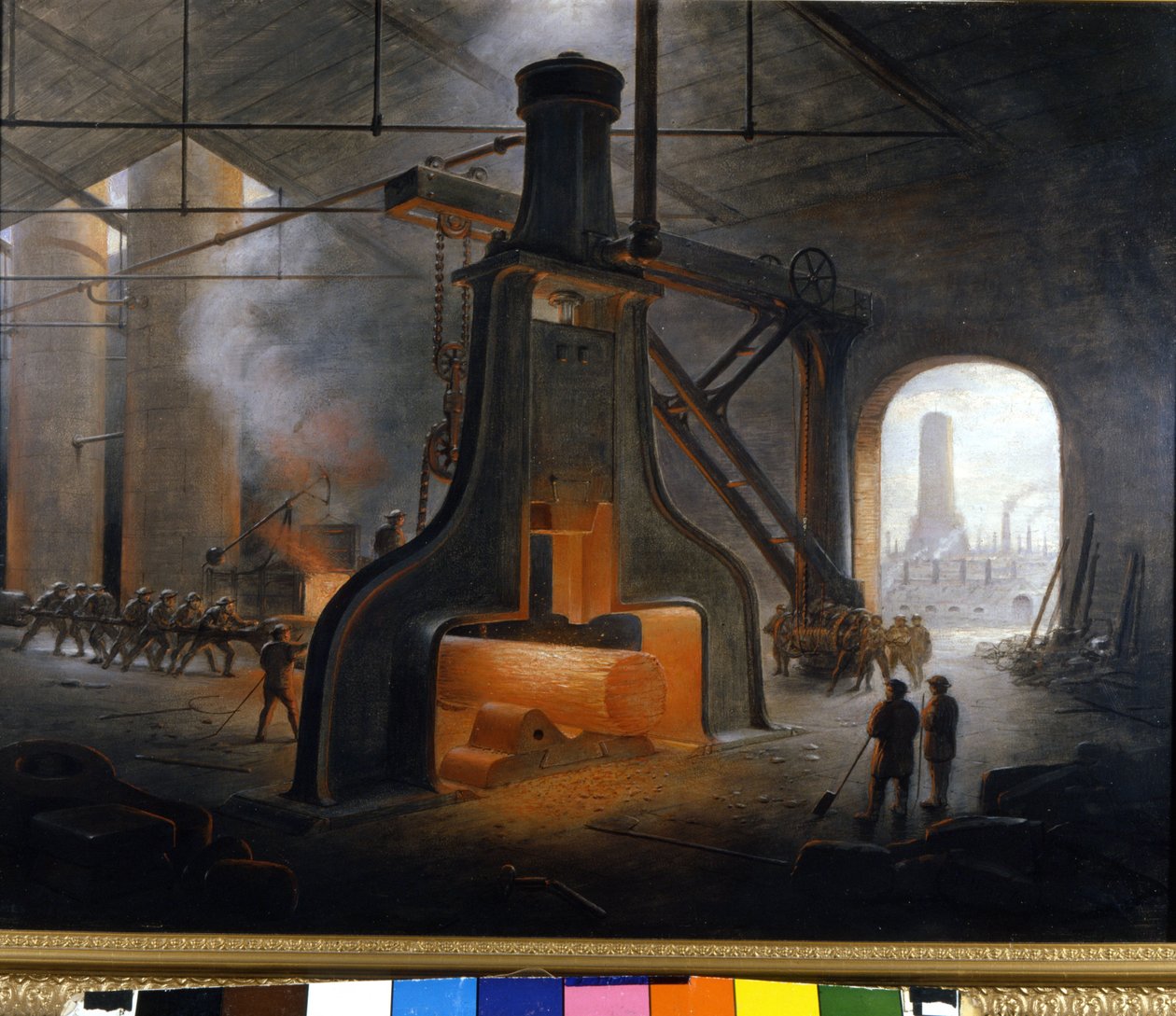 Damphammeren (trommeslageren), opfundet af J. Nasmyth, i aktion brugt i metallurgianlæg i Manchester. Anonymt maleri af Unknown artist