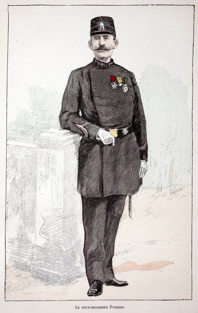 Underbrigaderen (underbrigaderen) Poisson. Radering i farver, til illustration "" Historien om korpset af fredsbevarende styrker""" bog udgivet i regi af Louis Lepine (1846-1933), præfekt for politiet på Seinen, af Alfred Rey (1864-?) og Louis af Unknown artist