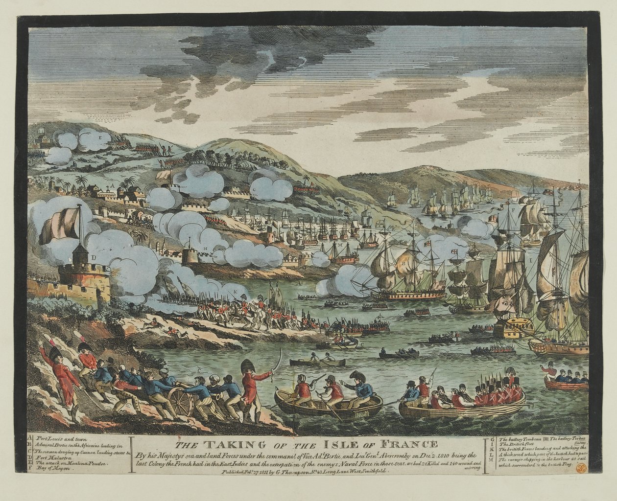 Indtagelsen af Isle of France (Mauritius), 2. december 1810 (træsnit, farvet) af Unknown artist