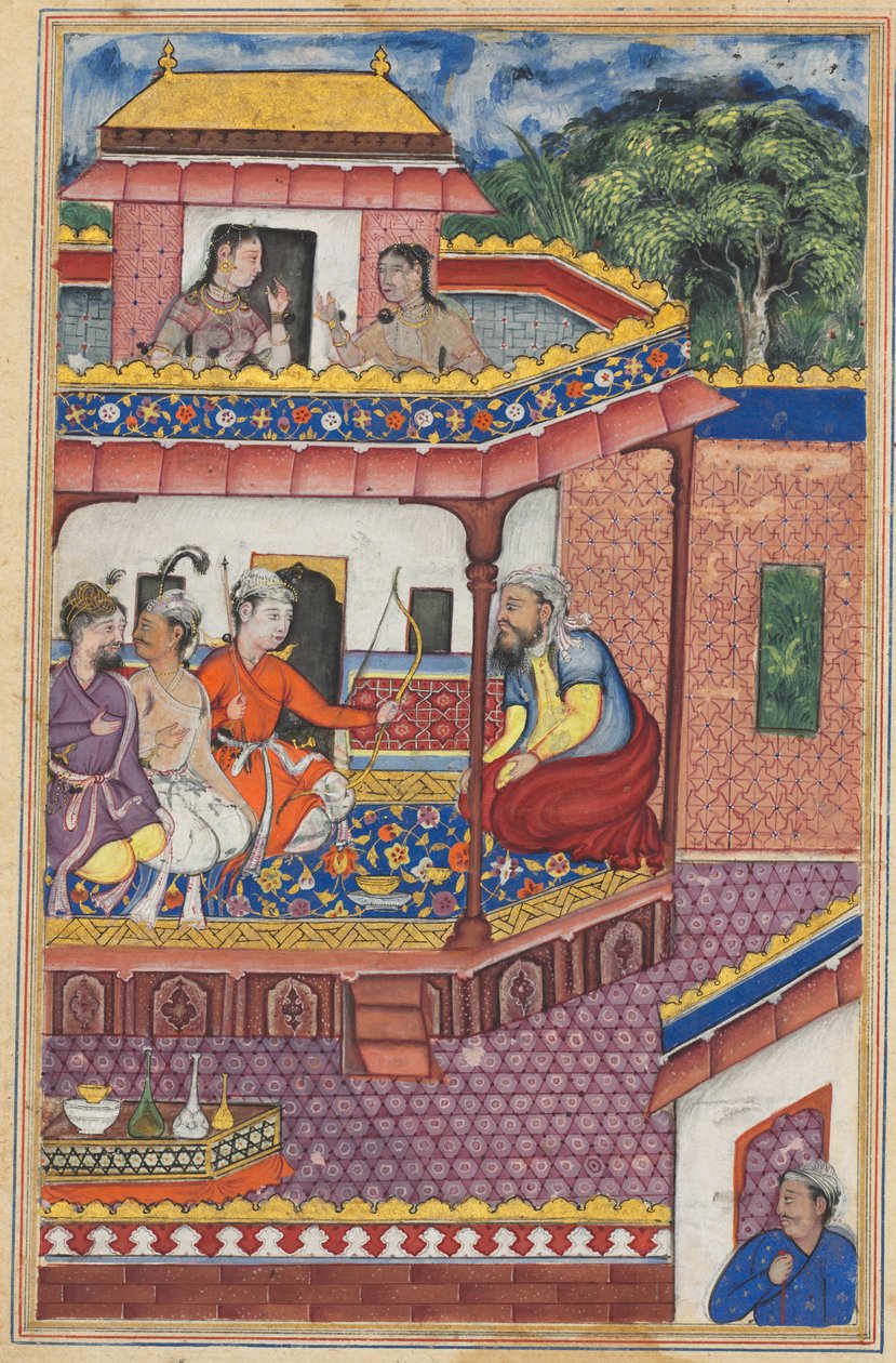 De tre unge mænd præsenterer sig selv som bejlere til Zuhra, datter af købmanden i Kabul, fra en Tuti-nama (Fortællinger om en papegøje): Fjerogtredive nat af Unknown artist
