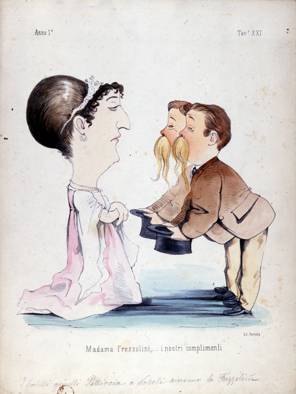 Tvillingbrødrene Pelliccia modtog Erminia Frezzolini, den italienske sopran (1818-1884). Tegnefilm fra det 19. århundrede. af Unknown artist