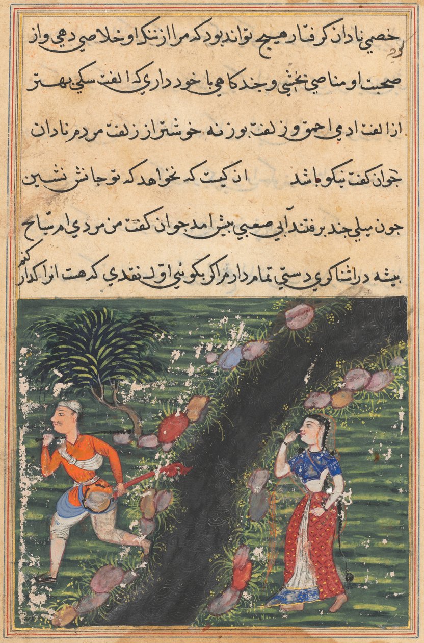Vagabonden krydser en strøm med ejendele fra svigerdatteren til kongen af Banaras og forsvinder fra en Tuti-nama (Fortællinger om en papegøje): Sixteenth Night af Unknown artist